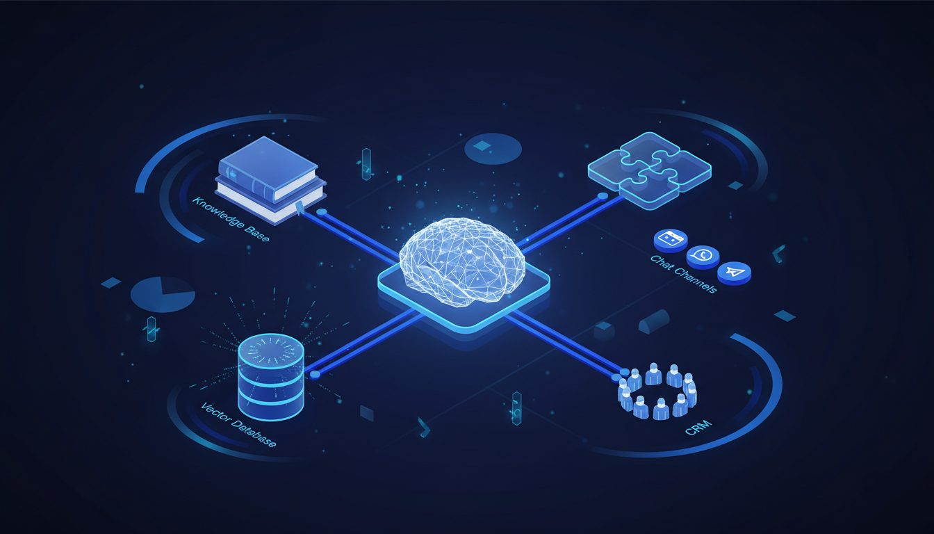 Arquitectura de agente IA con RAG conectado a base de conocimiento y CRM