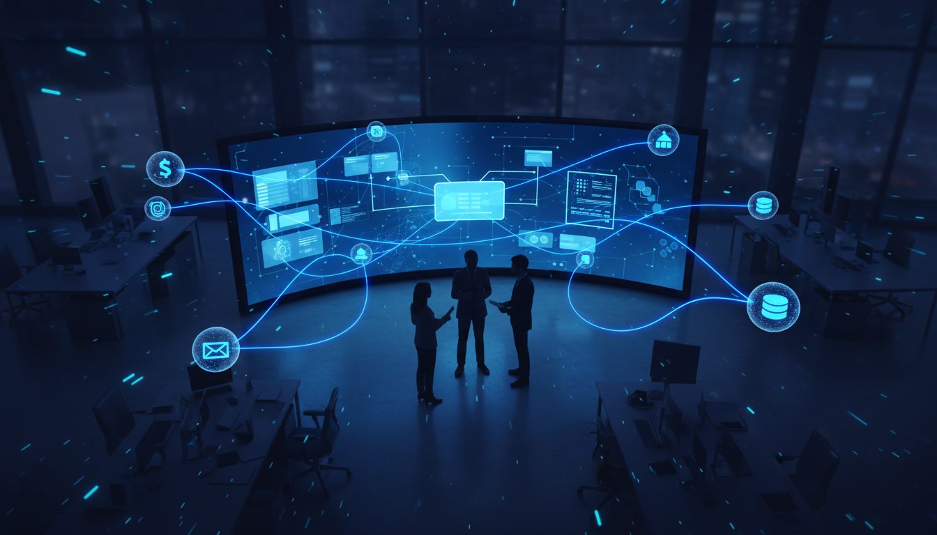 Equipo de agencia de automatización trabajando en flujos n8n y Make sobre dashboard