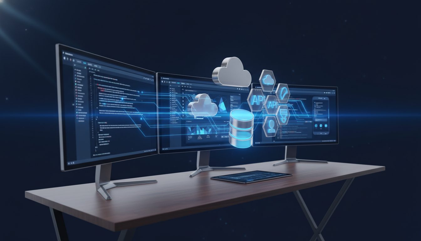 Workspace de desarrollador construyendo MVP de SaaS con código y dashboard