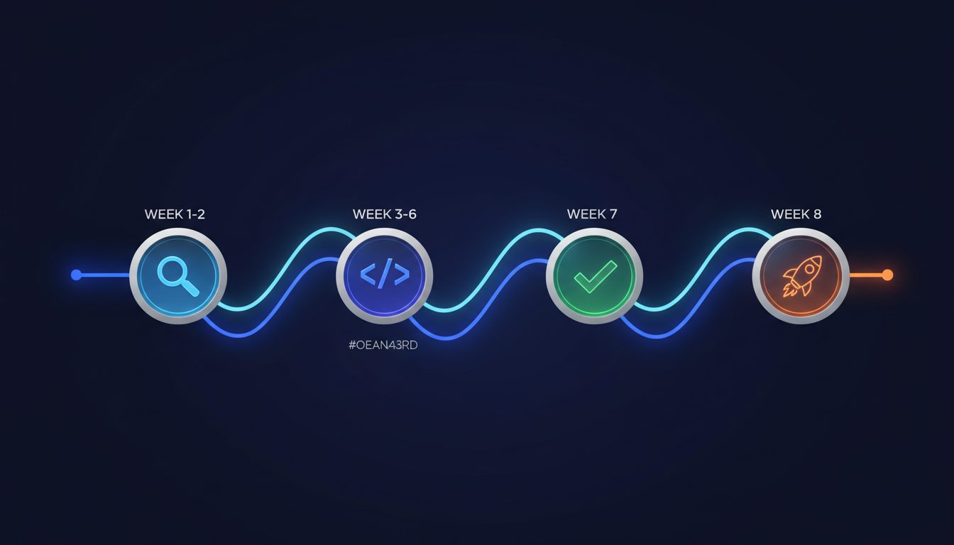 Roadmap de 8 semanas para MVP con 4 fases: discovery, build, QA y launch