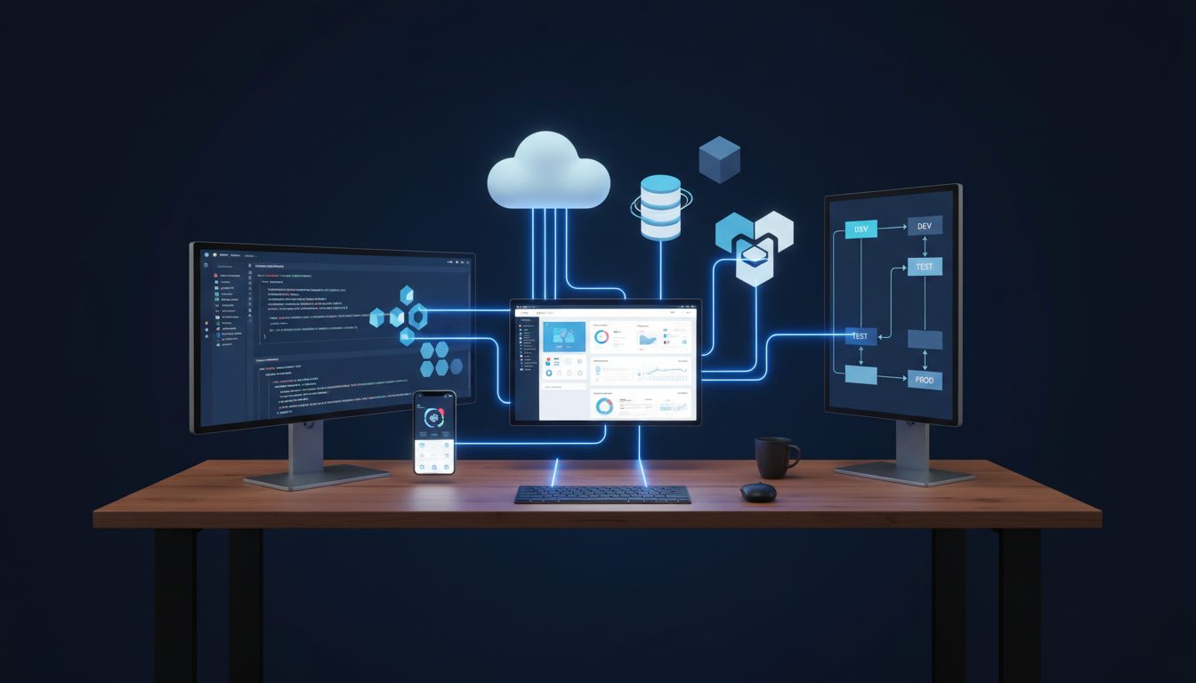 Workspace de desarrollador trabajando en una aplicación web moderna con código y dashboard