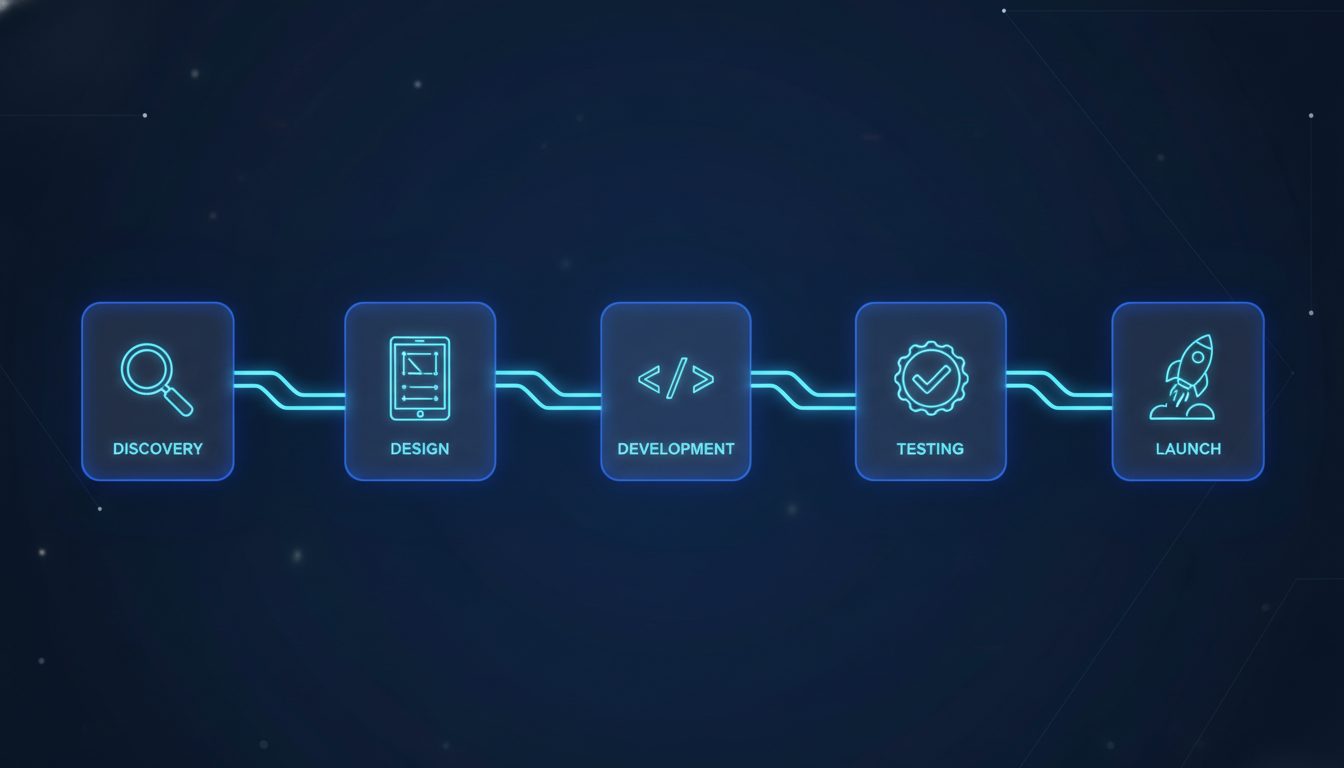Roadmap de 5 fases del desarrollo de una aplicación web: discovery, diseño, desarrollo, testing, lanzamiento
