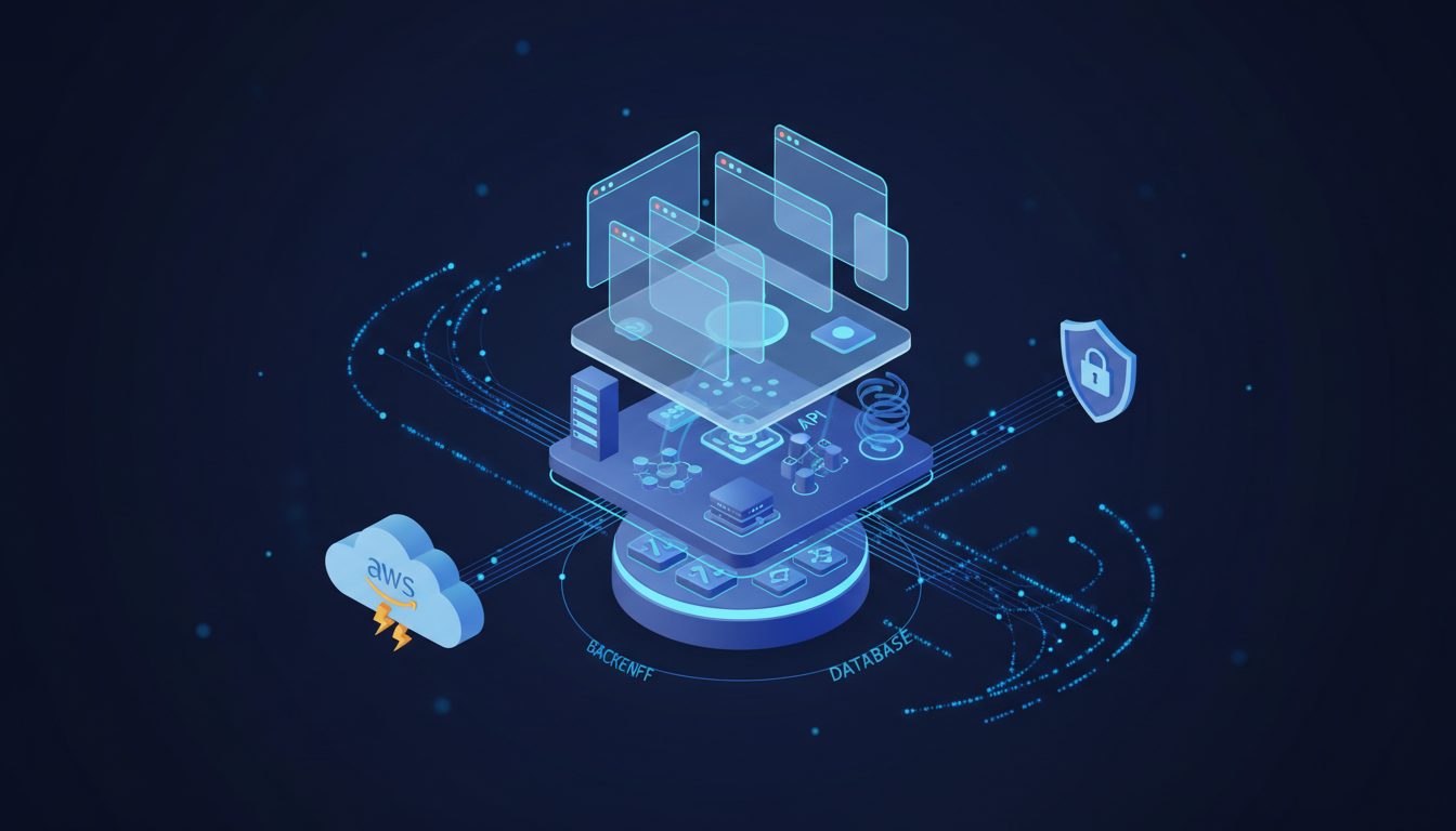 Pila técnica moderna de aplicación web con frontend, backend, base de datos y servicios cloud