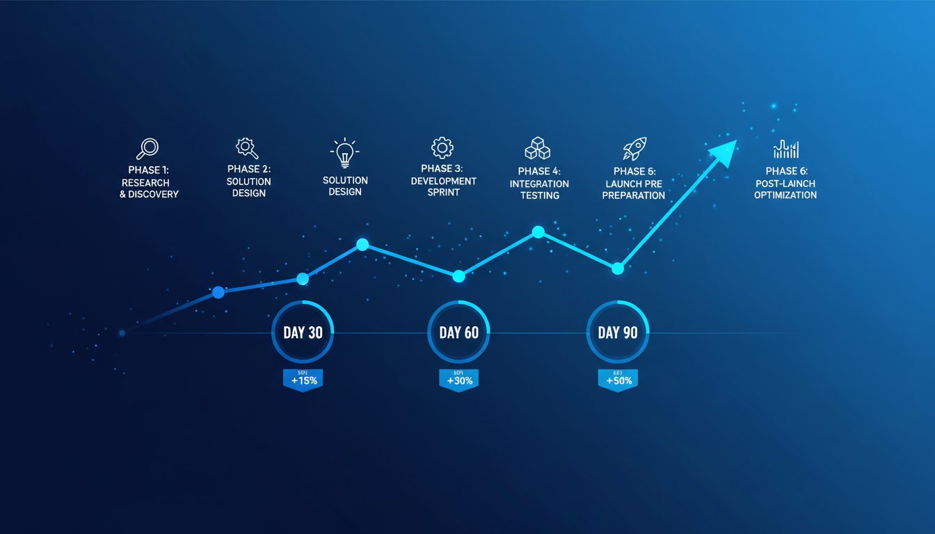Roadmap de implementación a 90 días con milestones e indicadores de KPI