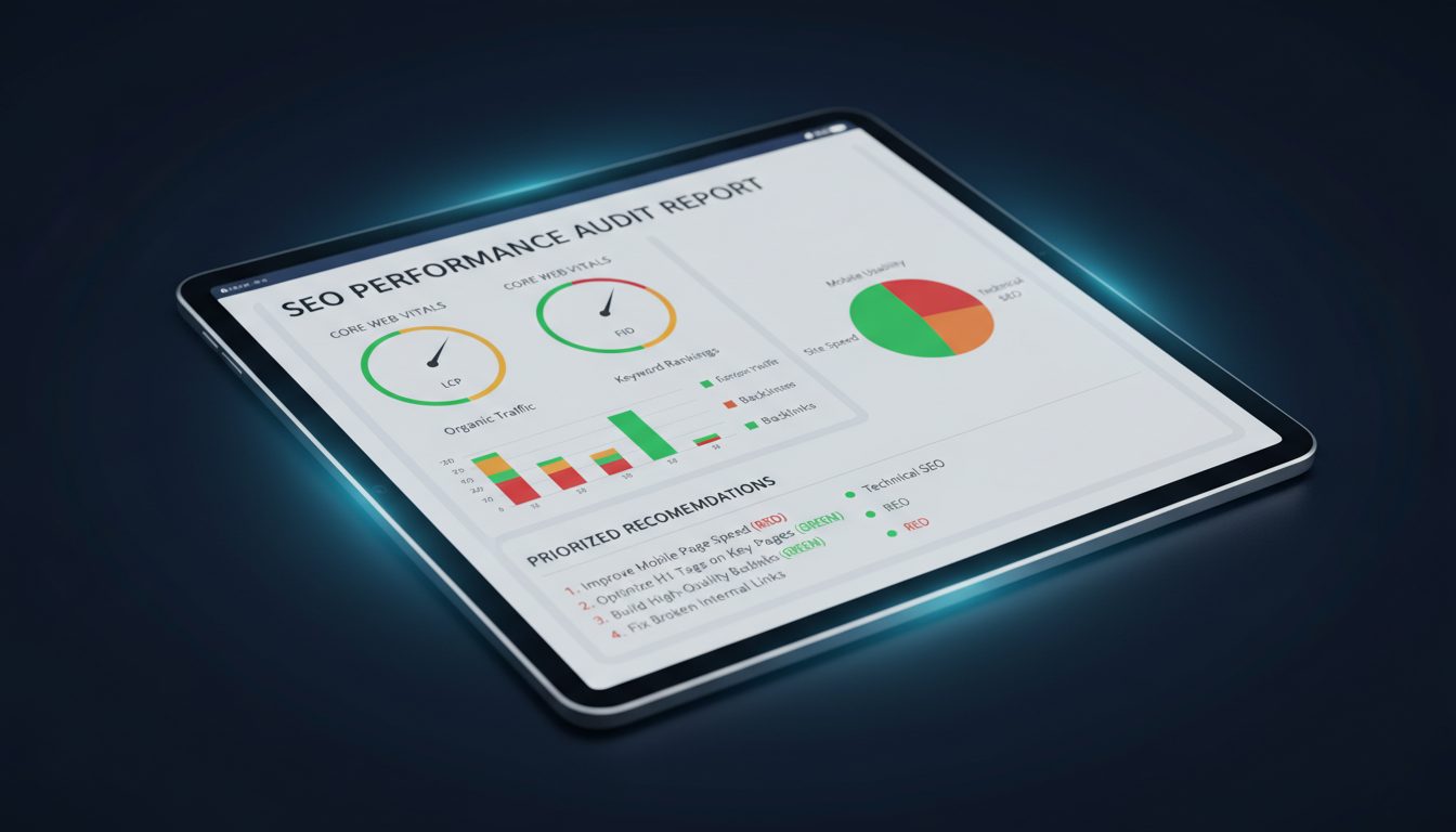 Informe de auditoría SEO en pantalla mostrando Core Web Vitals, errores y recomendaciones priorizadas