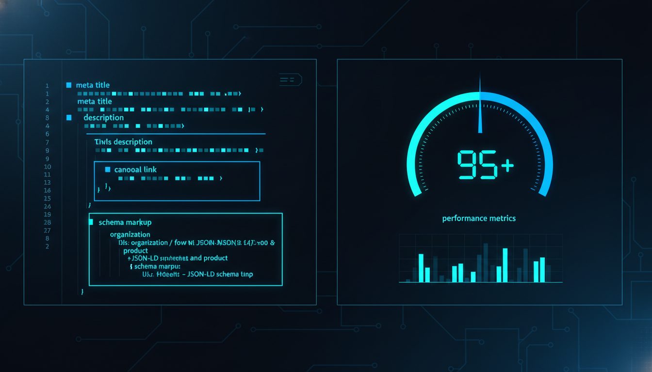 Visualización de auditoría SEO técnica: código HTML con meta tags y gauge de Core Web Vitals