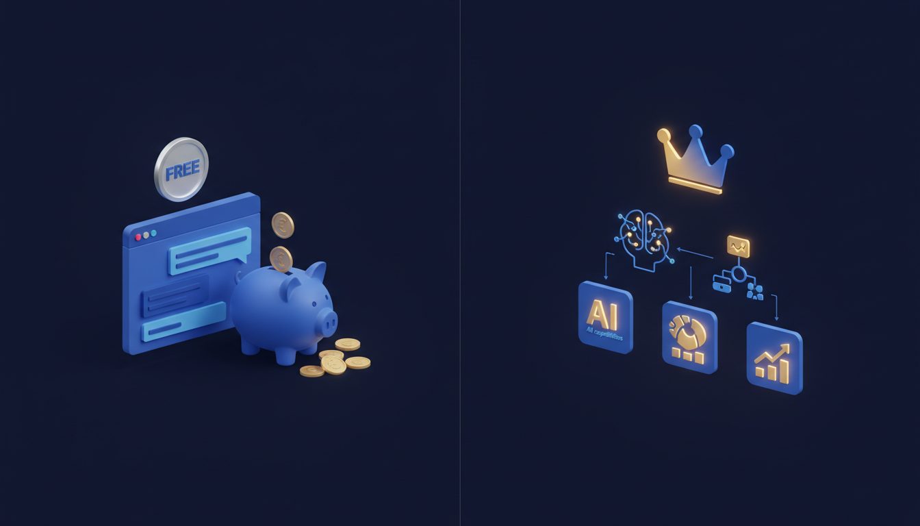 Comparativa visual de chatbots WhatsApp gratis vs herramientas premium con icono de corona