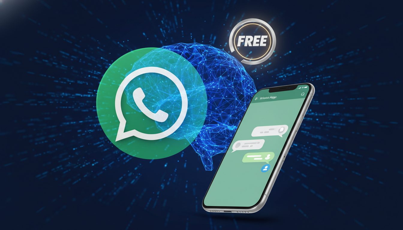 Smartphone mostrando una conversación de chatbot en WhatsApp con icono gratis flotando