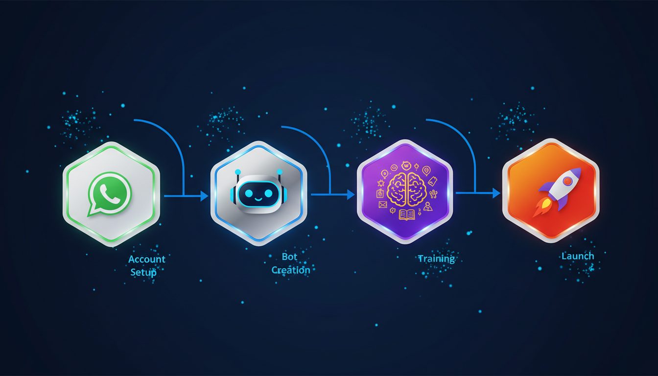 Roadmap de 4 pasos para configurar un chatbot WhatsApp gratis: cuenta, bot, entrenamiento, lanzamiento