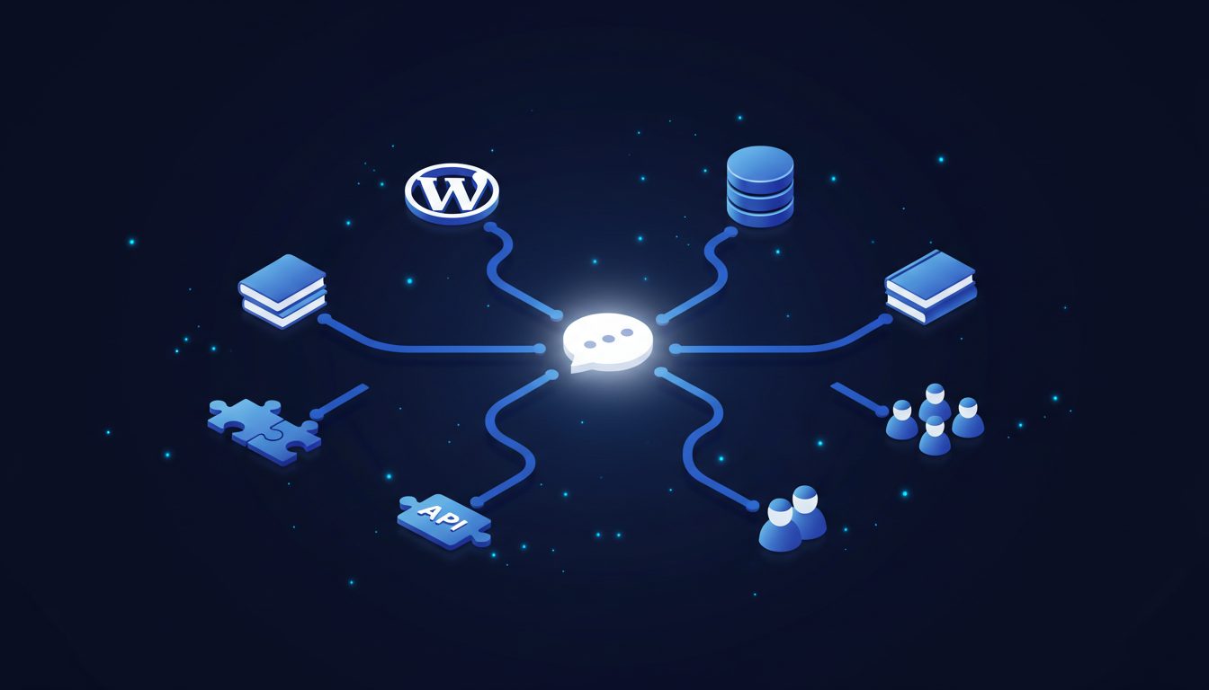 Diagrama de arquitectura de un chatbot WordPress conectado a base de conocimiento e integraciones