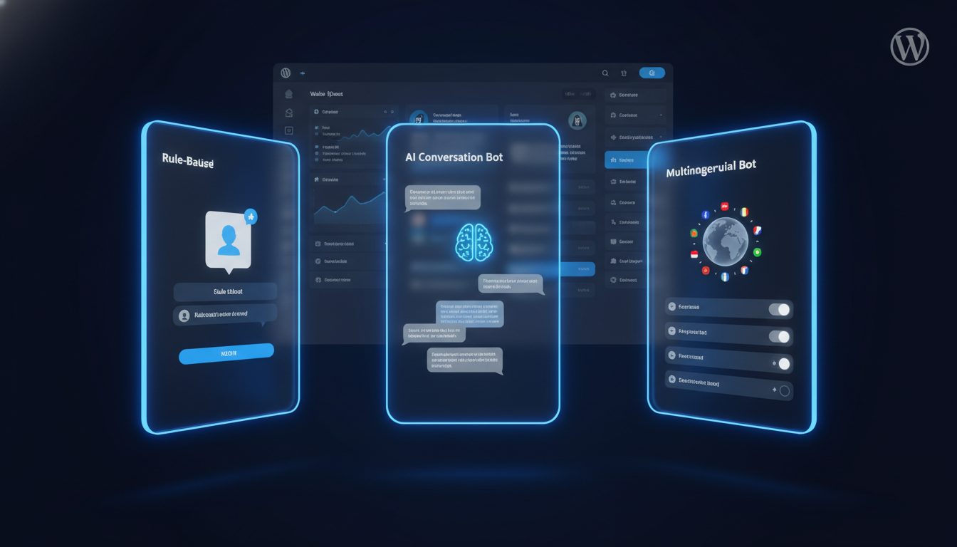Comparativa visual de tres tipos de chatbots para WordPress: básico, IA y multilingüe