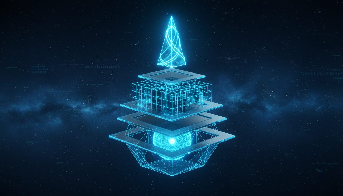 Visualización conceptual 3D de la pirámide estratégica de SEO con keywords, contenido, técnico y autoridad