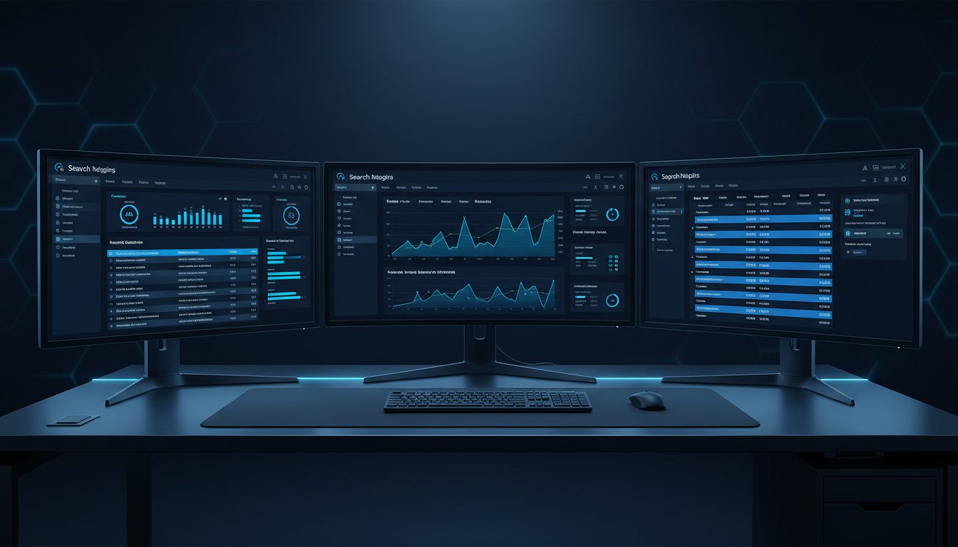 Consultor SEO trabajando con dashboards de analytics y rankings en monitores