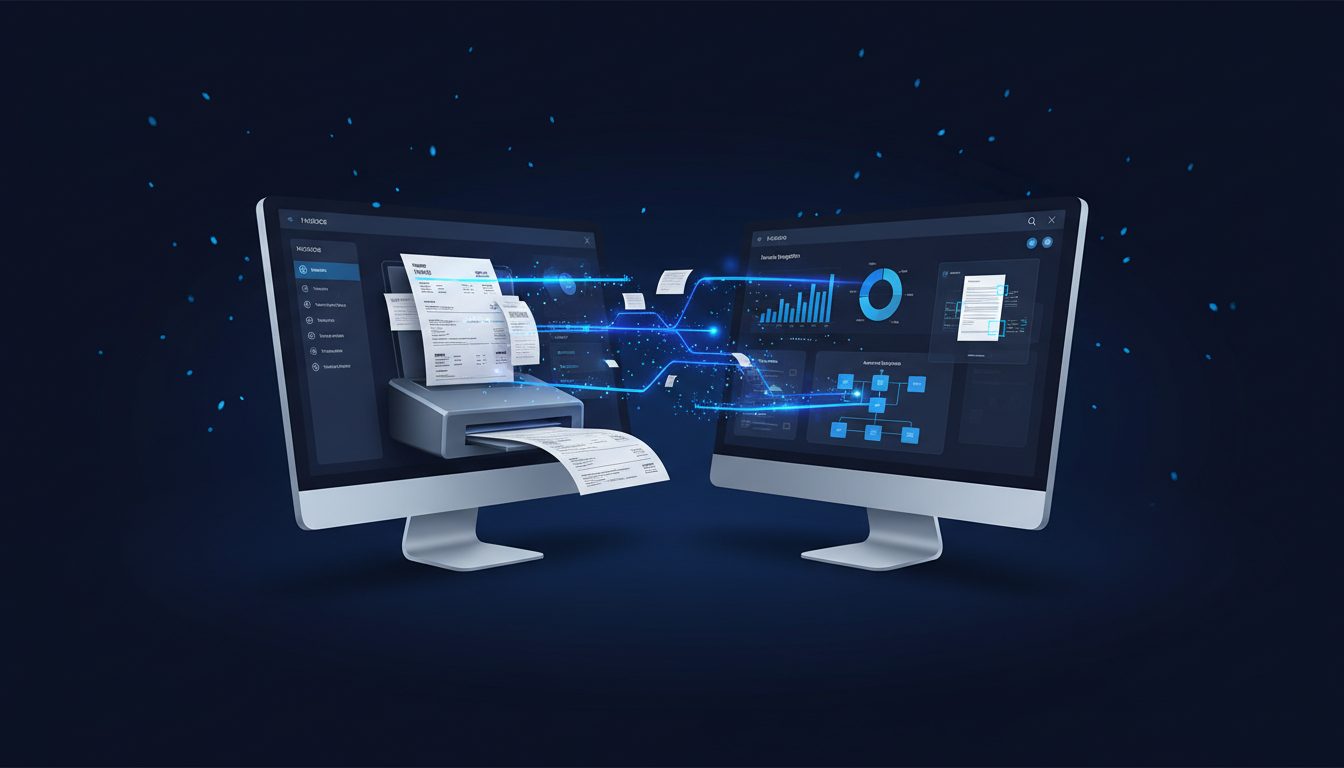 Workspace de automatización contable con facturas físicas transformándose en datos digitales y dashboard de IA