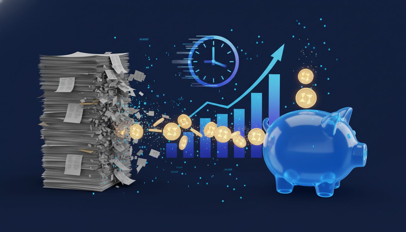 Visualización del ROI de automatizar contabilidad con tiempo ahorrado y monedas creciendo