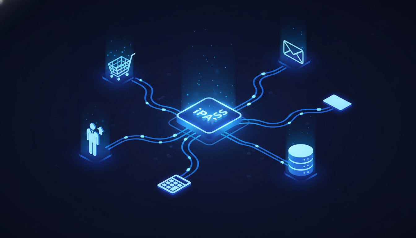 Diagrama de arquitectura iPaaS conectando CRM, ERP, contabilidad, ecommerce y email
