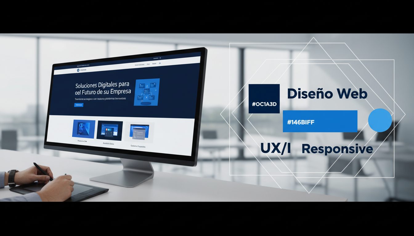 Diseñador web profesional trabajando en un mockup de una web corporativa moderna