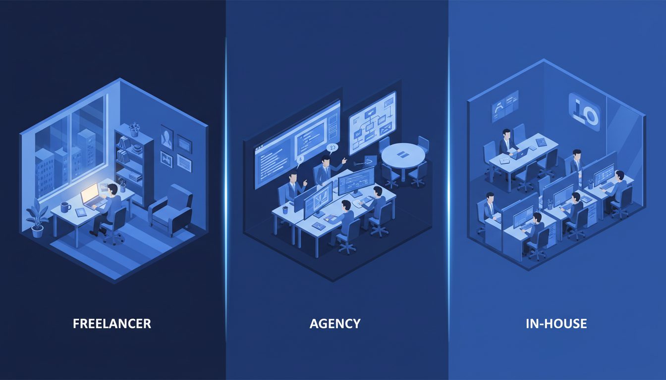 Comparativa visual de tipos de diseñador web: freelance, agencia e in-house