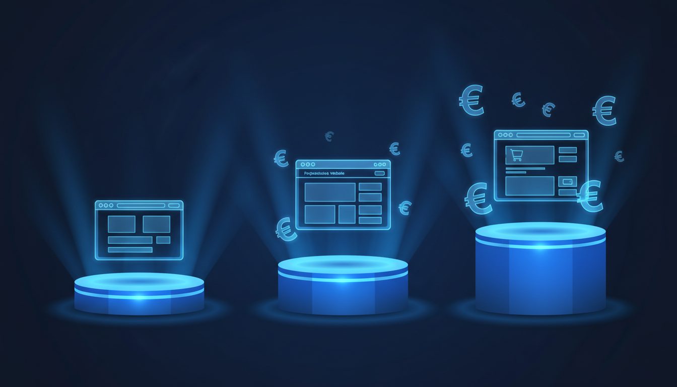 Comparativa visual de 3 podios con webs básica, profesional y premium