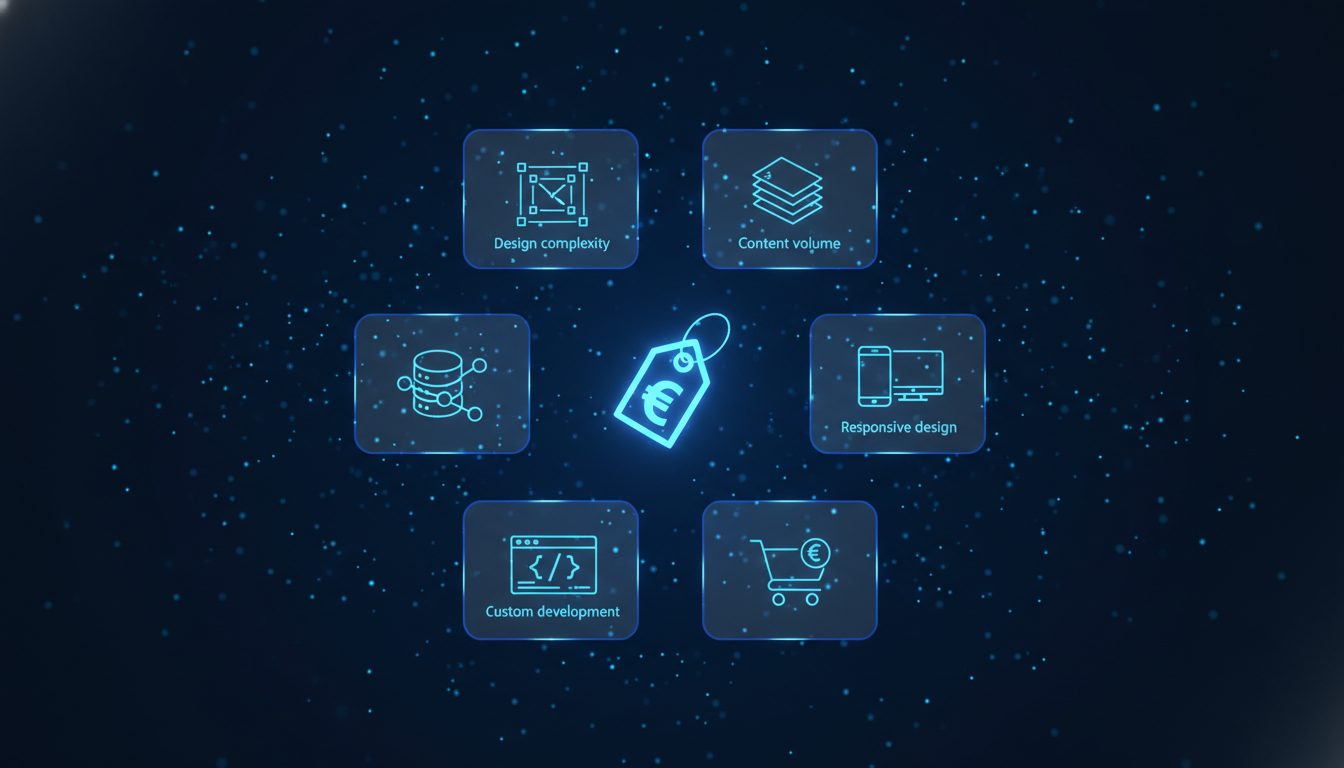 Seis tarjetas con factores que influyen en el precio de una web: diseño, contenido, responsive, ecommerce, código a medida, CMS