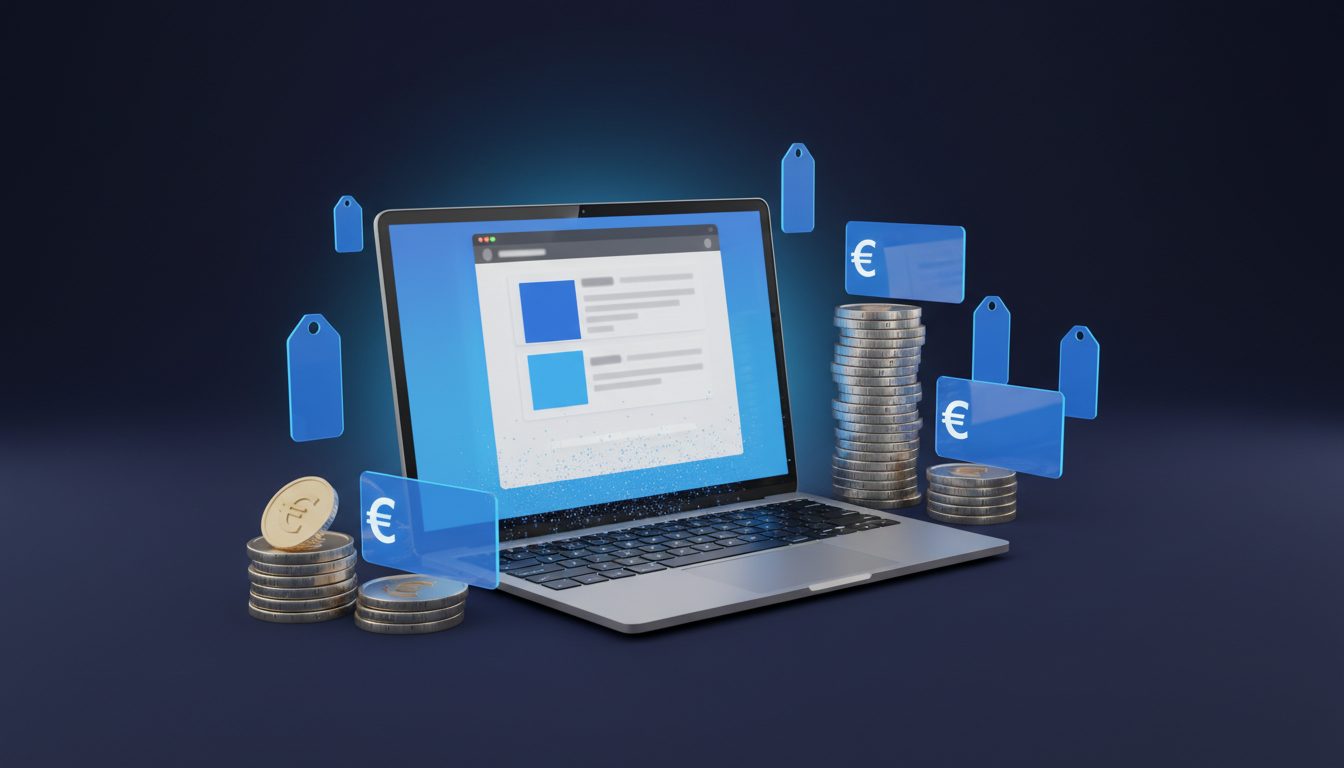 Visualización del coste de una web profesional con monedas de euro y mockup de pantalla