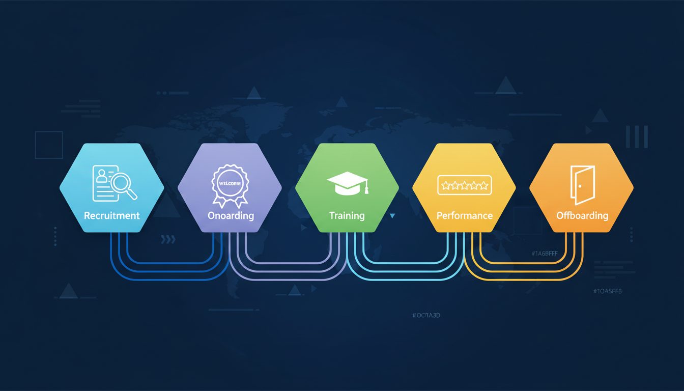 Ciclo del empleado con 5 fases automatizables: reclutamiento, onboarding, formación, performance, offboarding