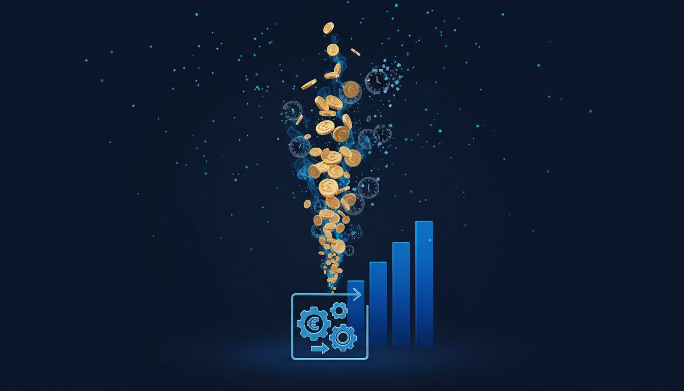 Visualización del ROI de la automatización con monedas multiplicándose y reloj con tiempo ahorrado