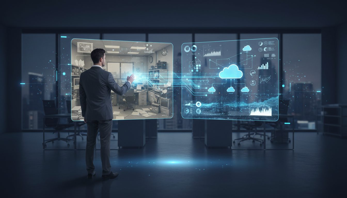 Visualización de transformación digital con documentos físicos transformándose en flujos digitales automatizados