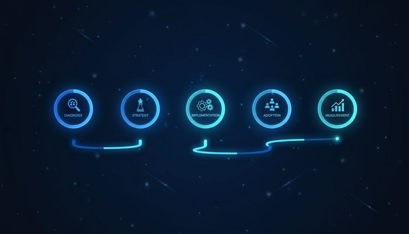 Roadmap de 5 fases de transformación digital: diagnóstico, estrategia, implementación, adopción, medición