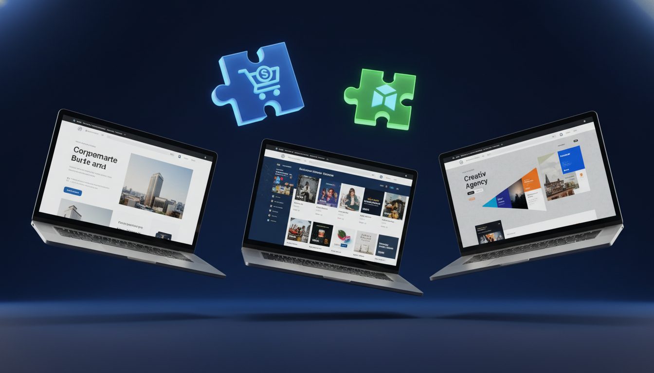 Tres pantallas mostrando diferentes estilos de temas WordPress: corporativo, ecommerce y portfolio