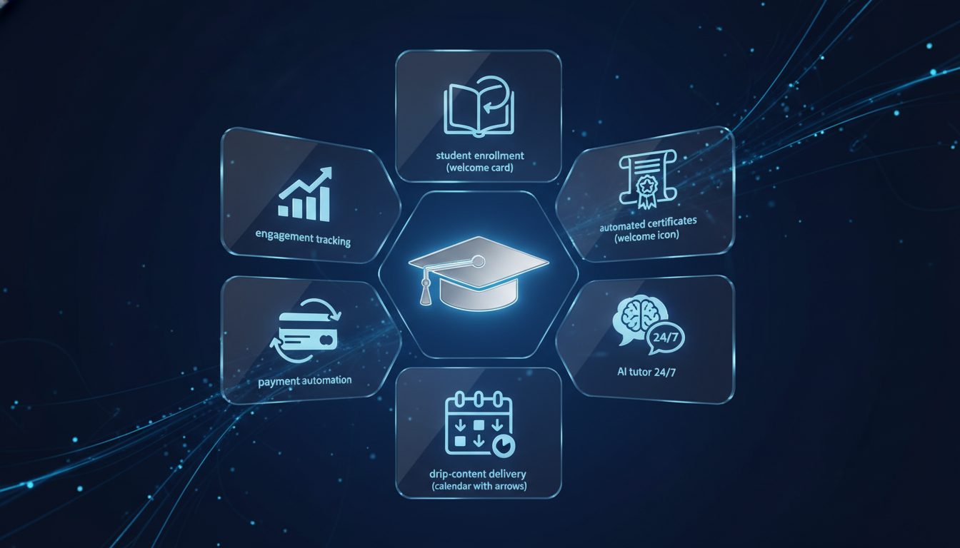 Procesos automatizables en academia online: enrollment, certificados, tutor IA, drip-content, engagement, pagos