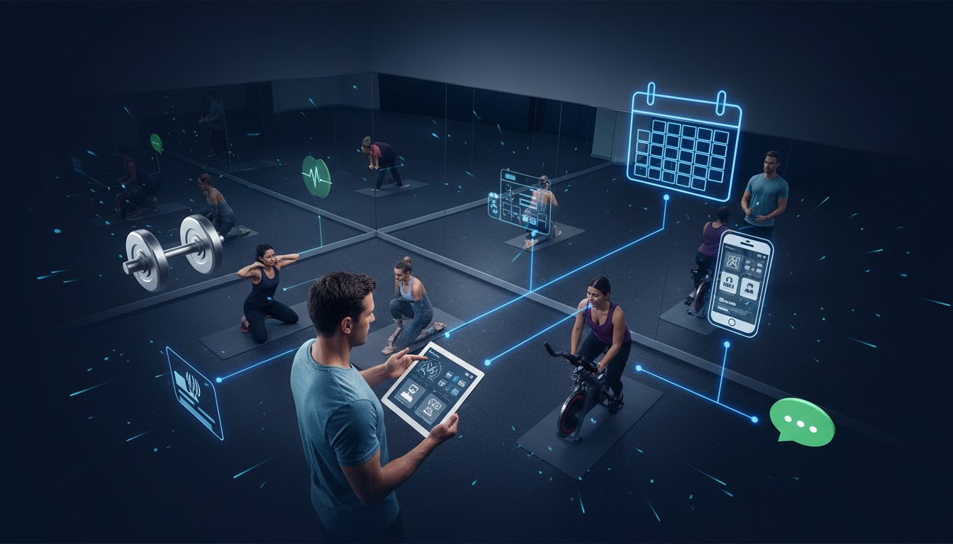 Centro deportivo moderno con tablet mostrando sistema de reserva de clases automatizado