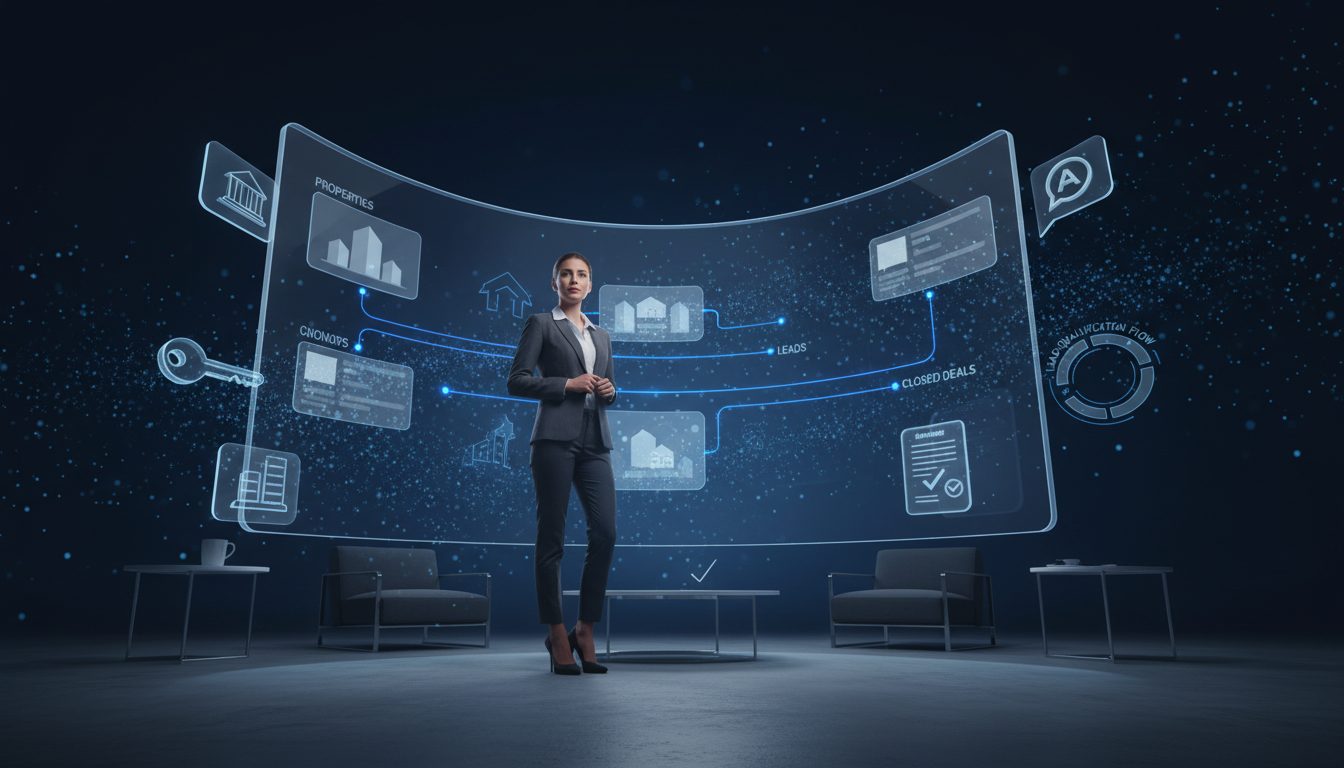 Oficina inmobiliaria con dashboard de leads automatizados y propiedades sincronizadas