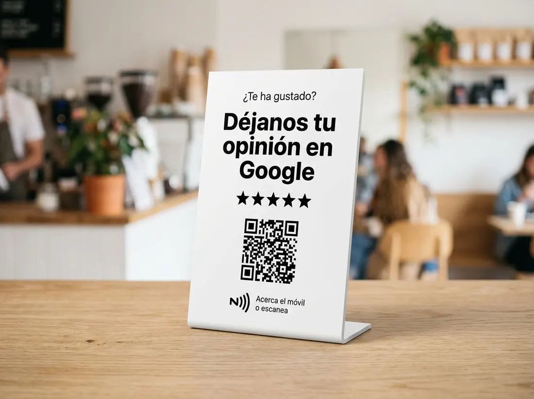 Placa de mesa blanca en el mostrador de una cafetería con el texto Déjanos tu opinión en Google, cinco estrellas, un QR y el símbolo NFC